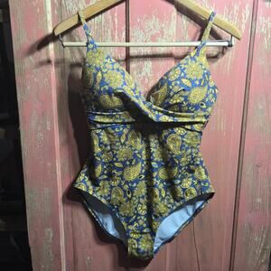 Boden One Piece Bathing Swim Suit Blue Gold Paisley Capri Baroque Cup Size 34C